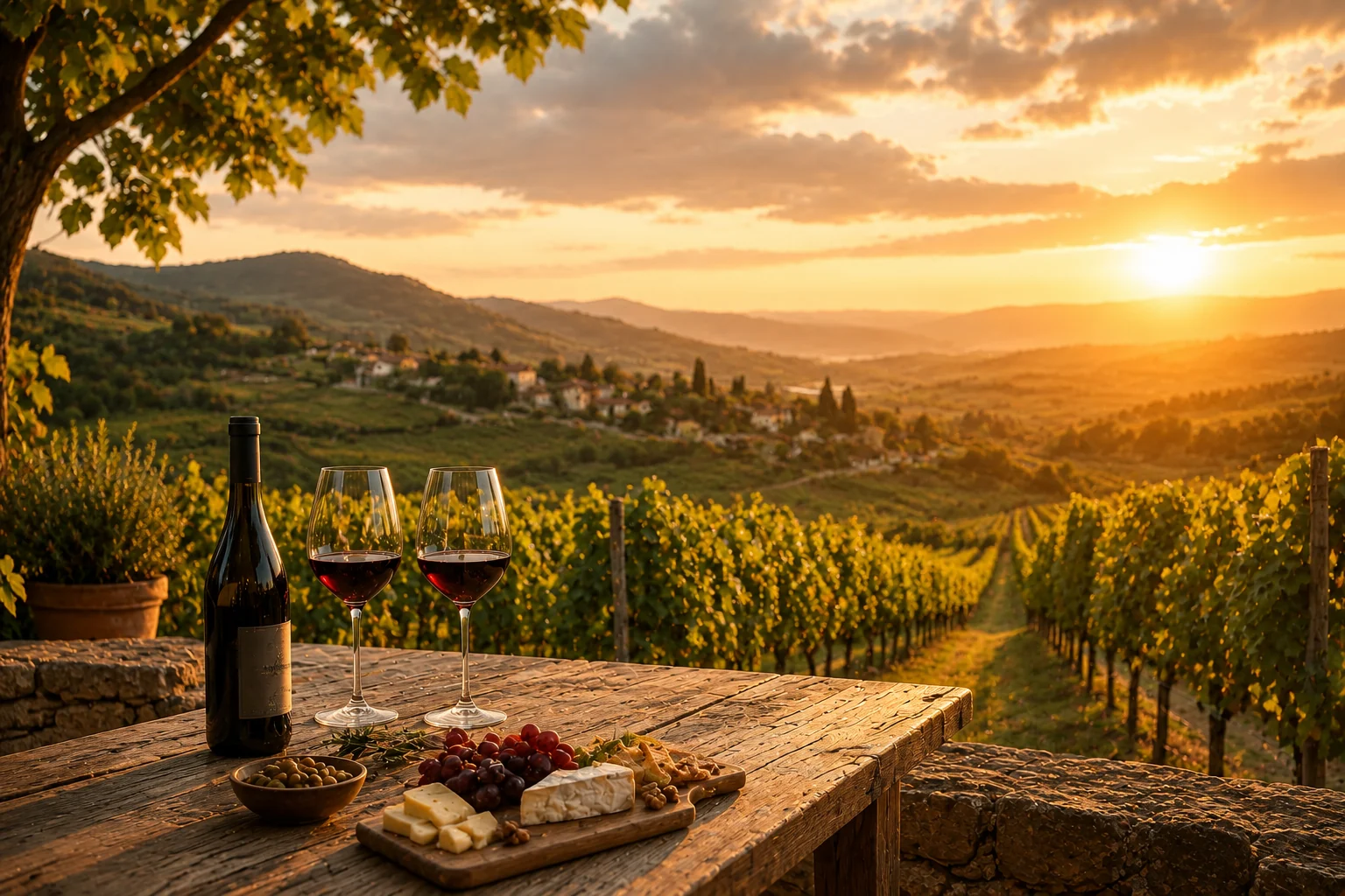 Weinflasche und Weingläser vor einem Weinberg bei Sonnenuntergang